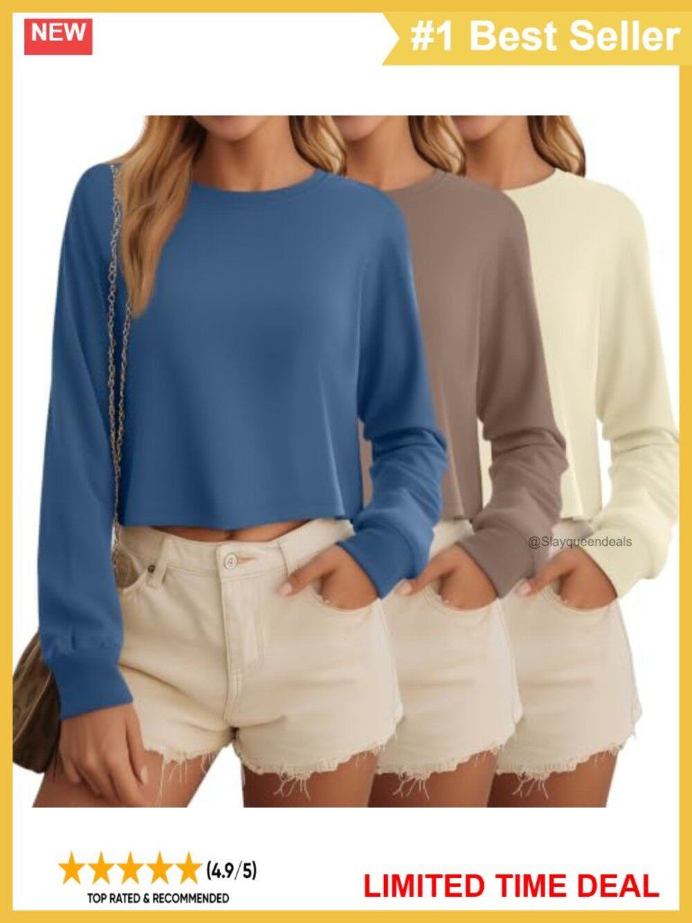 Ficerd 3 Pack Long Sleeve Cropped Tops for Women Cotton Stretch Crew Neck Crop